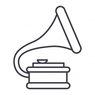 gramofon illüstrasyon vektör satırı simgesi, işaret, resimde arka planda, düzenlenebilir vuruş