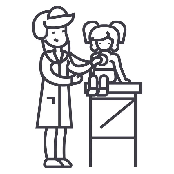 Врач-педиатр, женщина-врач проводит медицинское обследование малышки со стетоскопом векторной линии иконки, знак, иллюстрация на заднем плане, редактируемые штрихи — стоковый вектор