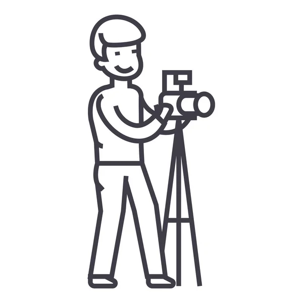 Фотограф с камерой и штативом, иконка векторной линии фотостудии, знак, иллюстрация на заднем плане, редактируемые штрихи — стоковый вектор