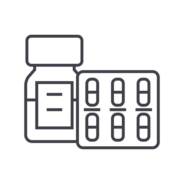 Comprimidos e comprimidos e ícone de linha vetorial garrafa, sinal, ilustração em segundo plano, traços editáveis — Vetor de Stock
