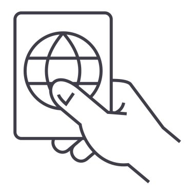 pasaport vektör satırı simgesi, işaret, resimde arka planda, düzenlenebilir vuruş tutan el