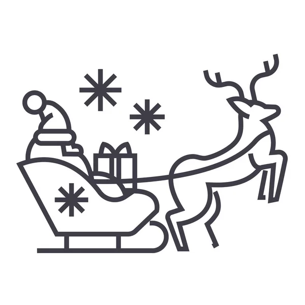 Санта Клаус в санях с иконкой векторной линии оленя, знак, иллюстрация на заднем плане, редактируемые штрихи — стоковый вектор