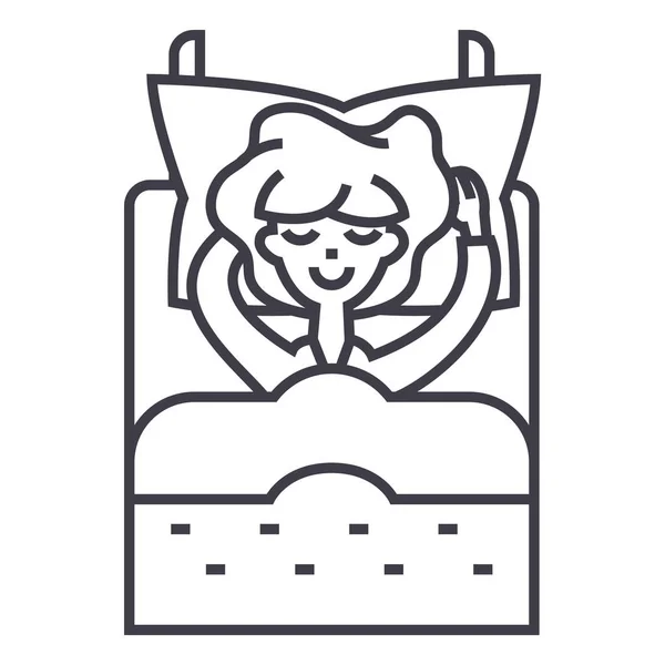 Dormir femme dans le lit vectoriel ligne icône, signe, illustration sur fond, touches modifiables — Image vectorielle