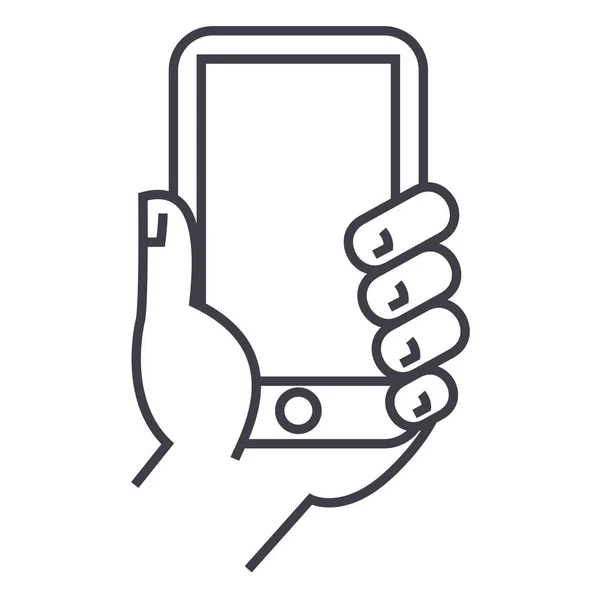 Telefon vektör satırı simgesi, işaret, resimde arka planda, düzenlenebilir vuruş tutan el — Stok Vektör