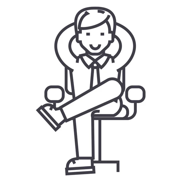 Mutlu işadamı oturma sandalye vektör satırı simgesi, işaret, resimde arka planda, düzenlenebilir vuruş — Stok Vektör