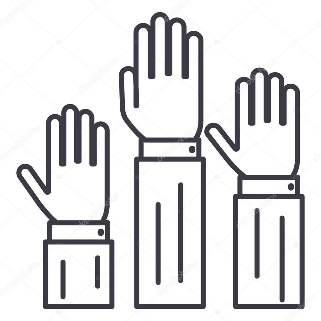 rights,three hands up  vector line icon, sign, illustration on background, editable strokes