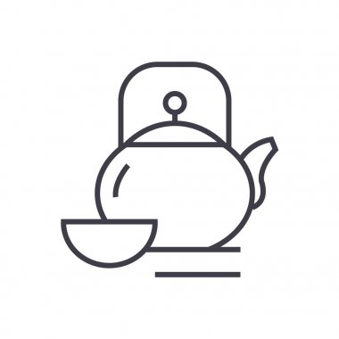 çaydanlık ve bardak, çay töreni vektör satırı simgesi, işareti, resimde arka planda, düzenlenebilir vuruş