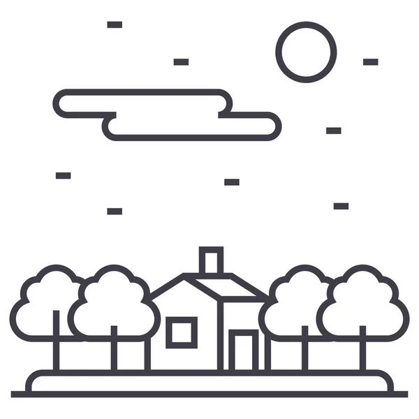 Huis in het bos vector lijn pictogram, teken, afbeelding op de achtergrond, bewerkbare lijnen — Stockvector