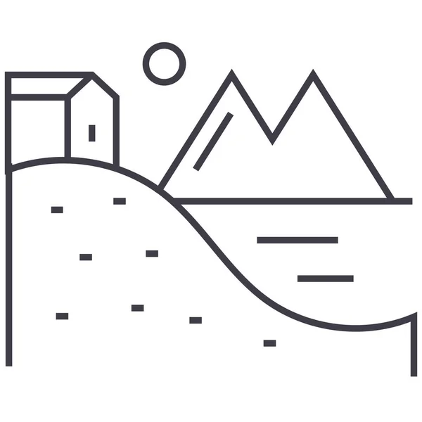 Дом на холмах с озером и горы векторная линия значок, знак, иллюстрация на заднем плане, редактируемые штрихи — стоковый вектор