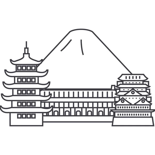 Japón, icono de línea vectorial fuji, signo, ilustración sobre fondo, trazos editables — Vector de stock