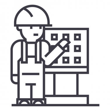 Usta, ustabaşı, mühendis makine araç vektör satırı simgesi, işaret, resimde arka planda, düzenlenebilir vuruşları ile
