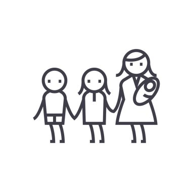 Anne üç çocuk, hamile, annelik vektör satırı simgesi, işaret, resimde arka planda, düzenlenebilir vuruşları ile