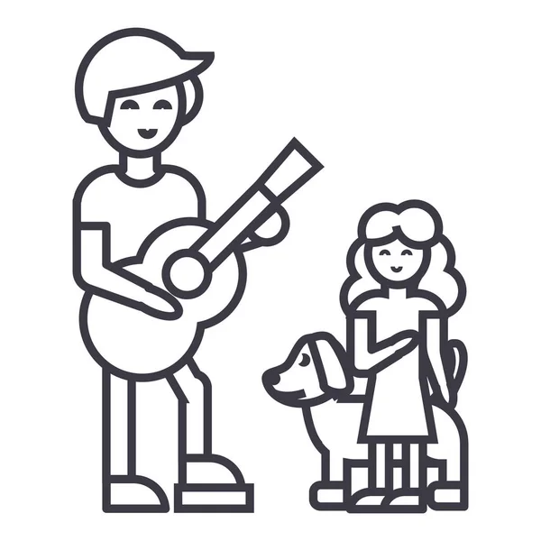 Homem com menina e cachorro, pai com ícone de linha vetorial filha, sinal, ilustração em segundo plano, traços editáveis — Vetor de Stock