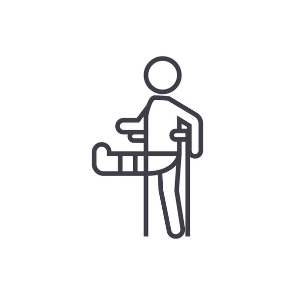 男子与断的腿，石膏脚拐杖矢量线图标，标志，背景，可编辑的笔画的插图 — 图库矢量图片