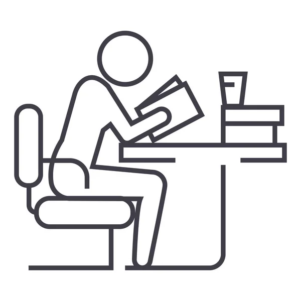 Homem estudando, livro de leitura em biblioteca vetor ícone de linha, sinal, ilustração em segundo plano, traços editáveis —  Vetores de Stock