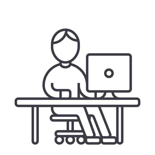 Hombre trabajando en la computadora en el icono de la línea de vectores de mesa, signo, ilustración en el fondo, movimientos editables — Vector de stock