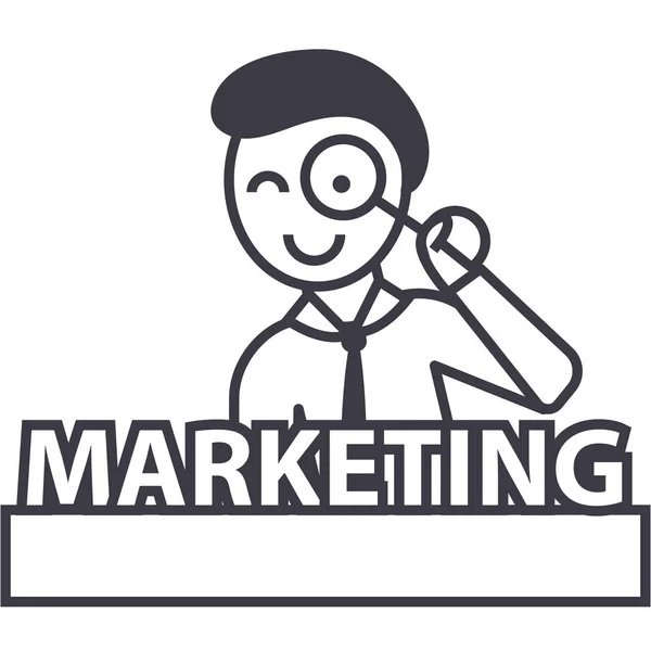 Marketing, hombre con lente de aumento icono de línea vectorial, signo, ilustración en el fondo, movimientos editables — Vector de stock