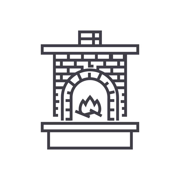 Mauerwerk-Heizung, Kamin mit gemauertem Kamin mit Feuer-Vektor-Liniensymbol, Schild, Abbildung im Hintergrund, editierbare Striche — Stockvektor