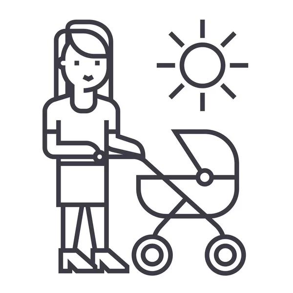 Ibu dengan baby stroller vector line icon, sign, illustration on background, editable strokes - Stok Vektor