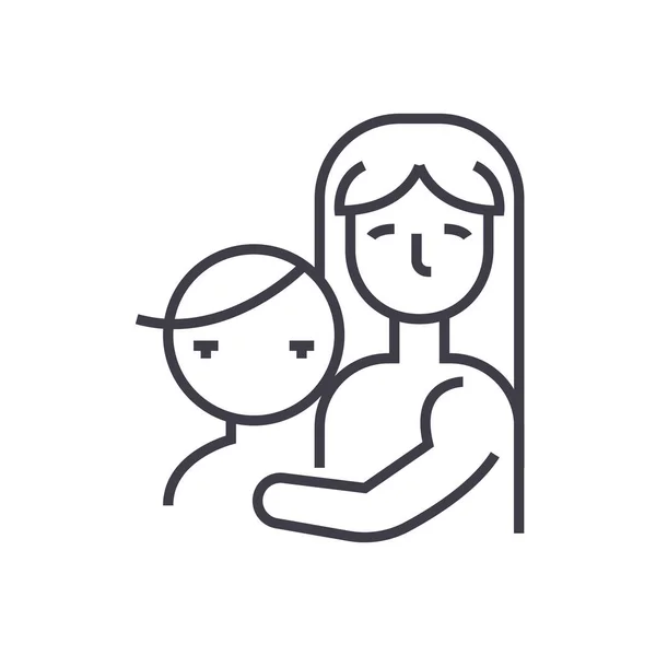 Moeder met kind, teken, moederschap vector lijn pictogram illustratie op achtergrond, bewerkbare lijnen — Stockvector