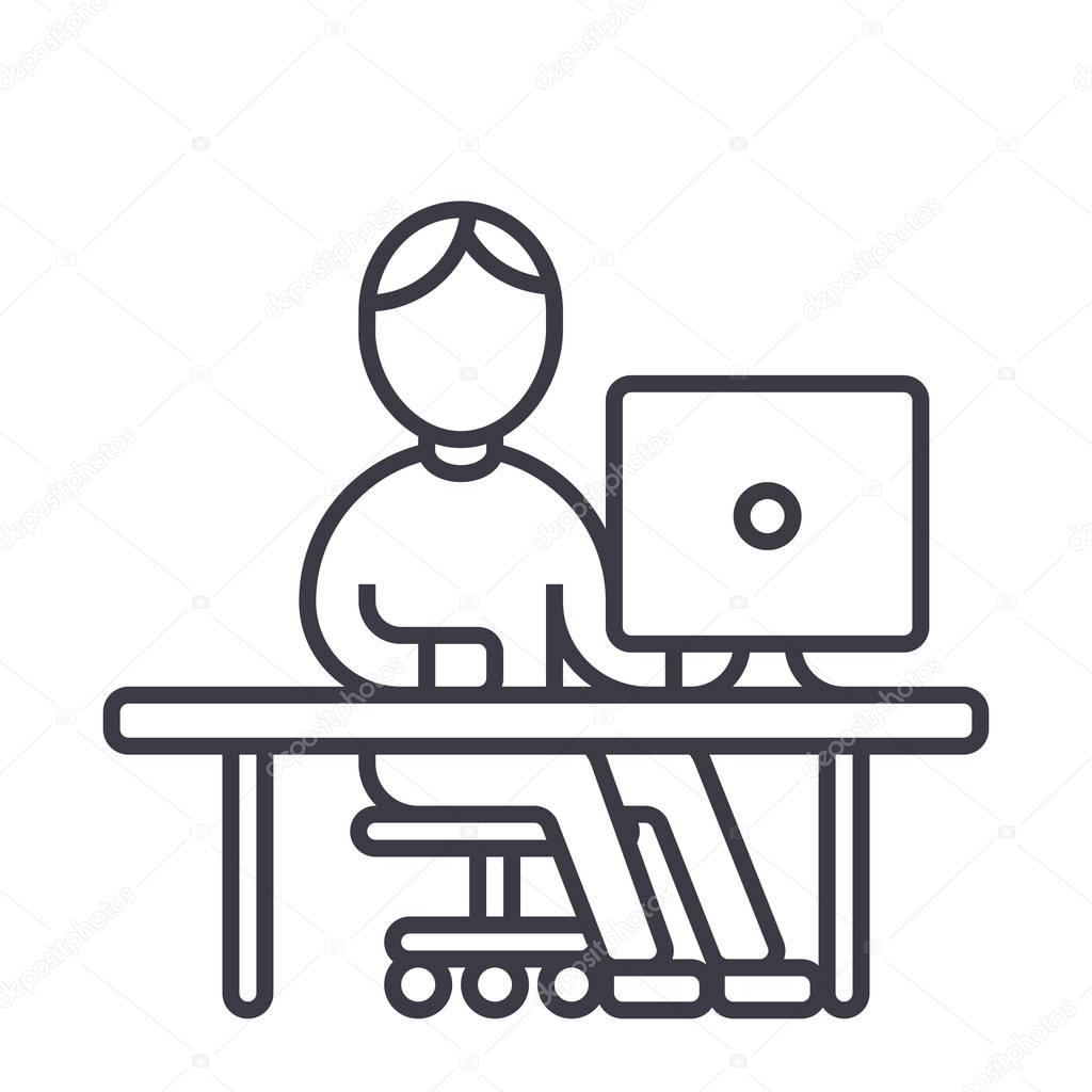 man working at computer at table vector line icon, sign, illustration on background, editable strokes