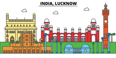 Hindistan, Lucknow, Hinduizm. Şehir manzarası, mimari, binalar, caddeler, siluet, manzara, panorama, yerler. Düzenlenebilir vuruş. Düz çizgi vektör çizim tasarım. İzole Icons set