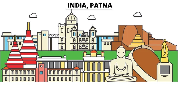 Hindistan, Patna, Hinduizm. Şehir manzarası, mimari, binalar, caddeler, siluet, manzara, panorama, yerler. Düzenlenebilir vuruş. Düz çizgi vektör çizim tasarım. İzole Icons set — Stok Vektör