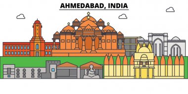 Ahmedabad, Hindistan, Asya. Şehir manzarası, mimari, binalar, caddeler, siluet, manzara, panorama, yerler. Düzenlenebilir vuruş. Düz çizgi vektör çizim tasarım. İzole Icons set
