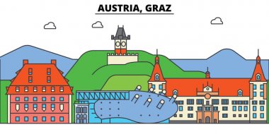 Avusturya, Graz. Şehir manzarası, mimari, binalar, caddeler, siluet, manzara, panorama, yerler. Düzenlenebilir vuruş. Düz çizgi vektör çizim tasarım. İzole Icons set