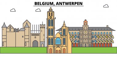 Belçika, Antwerpen. Şehir manzarası, mimari, binalar, caddeler, siluet, manzara, panorama, yerler. Düzenlenebilir vuruş. Düz çizgi vektör çizim tasarım. İzole Icons set