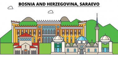 Bosna-Hersek, Saraevo. Şehir manzarası, mimari, binalar, caddeler, siluet, manzara, panorama, yerler. Düzenlenebilir vuruş. Düz çizgi vektör çizim tasarım. İzole