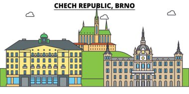 Çek Cumhuriyeti Brno. Şehir manzarası, mimari, binalar, caddeler, siluet, manzara, panorama, yerler. Düzenlenebilir vuruş. Düz çizgi vektör çizim tasarım. İzole Icons set