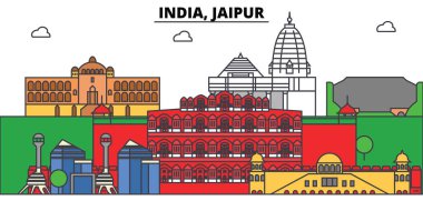 Hindistan, Jaipur, Hinduizm. Şehir manzarası, mimari, binalar, caddeler, siluet, manzara, panorama, yerler. Düzenlenebilir vuruş. Düz çizgi vektör çizim tasarım. İzole Icons set