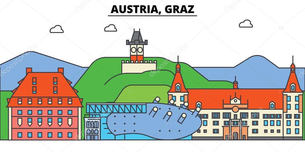 Austria, Graz. City skyline, architecture, buildings, streets, silhouette, landscape, panorama, landmarks. Editable strokes. Flat design line vector illustration concept. Isolated icons set