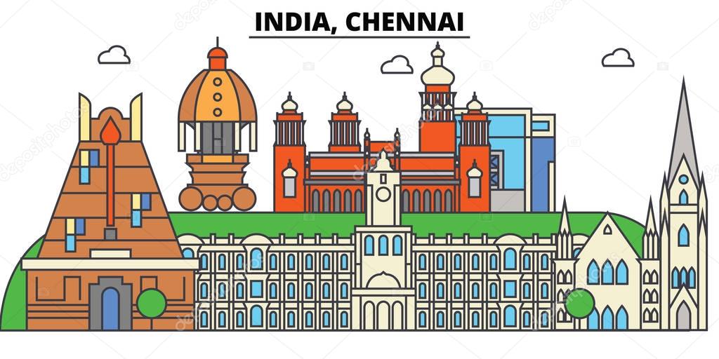 Chennai, India, Hinduism. City skyline, architecture, buildings, streets, silhouette, landscape, panorama, landmarks. Editable strokes. Flat design line vector illustration concept. Isolated icons