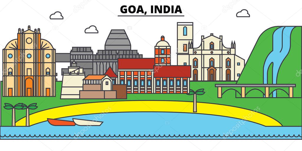 Goa, India, Hinduism. City skyline, architecture, buildings, streets, silhouette, landscape, panorama, landmarks. Editable strokes. Flat design line vector illustration concept. Isolated icons set