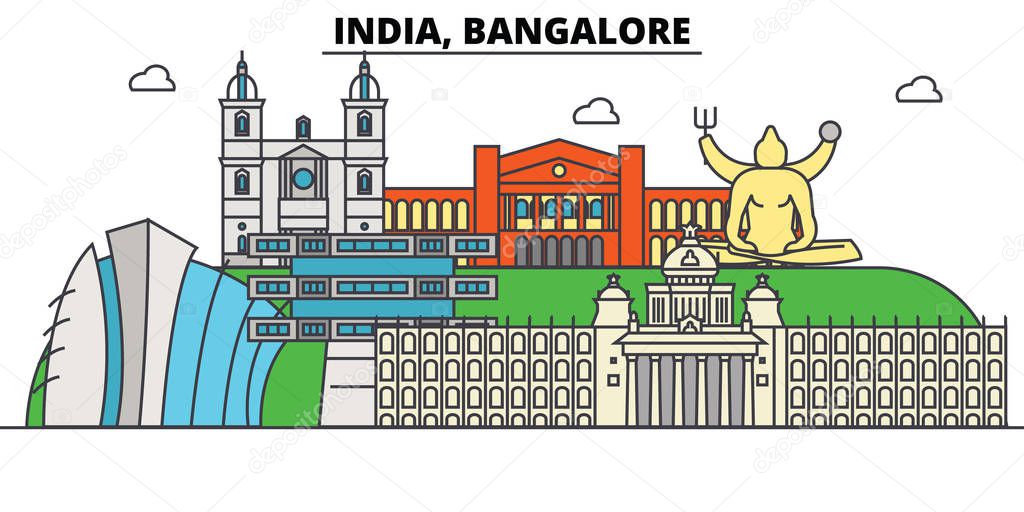 India, Bangalore, Hinduism. City skyline, architecture, buildings, streets, silhouette, landscape, panorama, landmarks. Editable strokes. Flat design line vector illustration concept. Isolated icons