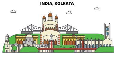 Hindistan, Kalküta, Hinduizm. Şehir manzarası, mimari, binalar, caddeler, siluet, manzara, panorama, yerler. Düzenlenebilir vuruş. Düz çizgi vektör çizim tasarım. İzole Icons set