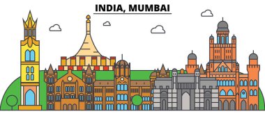 Hindistan, Mumbai, Hinduizm. Şehir manzarası, mimari, binalar, caddeler, siluet, manzara, panorama, yerler. Düzenlenebilir vuruş. Düz çizgi vektör çizim tasarım. İzole Icons set