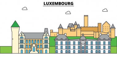 Lüksemburg. Şehir manzarası, mimari, binalar, caddeler, siluet, manzara, panorama, yerler. Düzenlenebilir vuruş. Düz çizgi vektör çizim tasarım. İzole Icons set