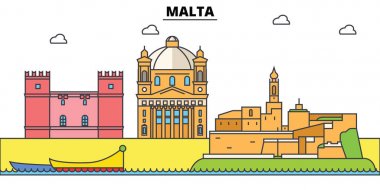 Malta, Akdeniz. Şehir manzarası, mimari, binalar, caddeler, siluet, manzara, panorama, yerler. Düzenlenebilir vuruş. Düz çizgi vektör çizim tasarım. İzole Icons set