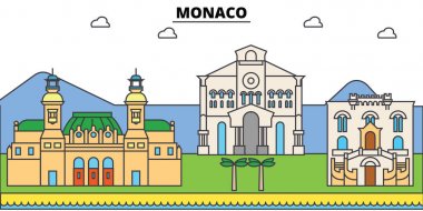Monaco, Akdeniz. Şehir manzarası, mimari, binalar, caddeler, siluet, manzara, panorama, yerler. Düzenlenebilir vuruş. Düz çizgi vektör çizim tasarım. İzole simgeler