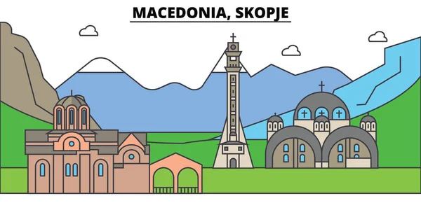 Macedonia, Skopje, montagna. skyline della città, architettura, edifici, strade, silhouette, paesaggio, panorama, punti di riferimento. Ictus modificabili. Concetto di illustrazione vettoriale della linea di progettazione piatta. Icone isolate — Vettoriale Stock