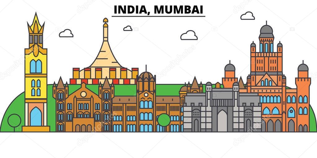 India, Mumbai, Hinduism. City skyline, architecture, buildings, streets, silhouette, landscape, panorama, landmarks. Editable strokes. Flat design line vector illustration concept. Isolated icons set