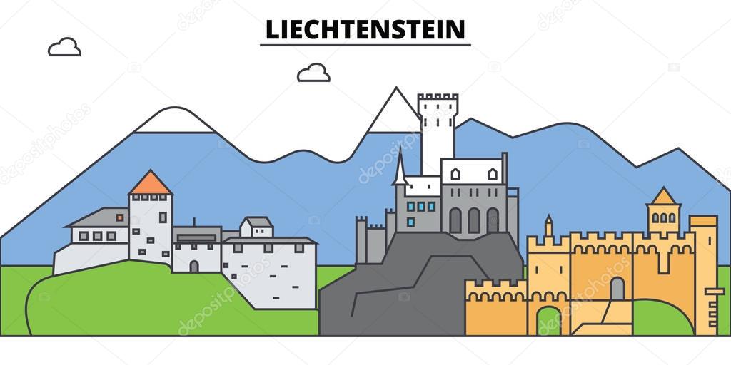 Liechtenstein. City skyline, architecture, buildings, streets, silhouette, landscape, panorama, landmarks. Editable strokes. Flat design line vector illustration concept. Isolated icons set