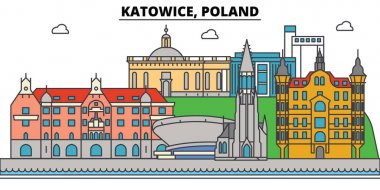 Katowice, Polonya. Şehir manzarası, mimari, binalar, caddeler, siluet, manzara, panorama, yerler. Düzenlenebilir vuruş. Düz çizgi vektör çizim tasarım. İzole Icons set
