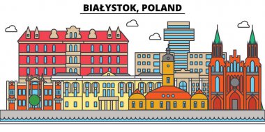 Bialystok, Polonya. Şehir manzarası, mimari, binalar, caddeler, siluet, manzara, panorama, yerler. Düzenlenebilir vuruş. Düz çizgi vektör çizim tasarım. İzole Icons set