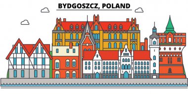 Bydgoszcz, Polonya. Şehir manzarası, mimari, binalar, caddeler, siluet, manzara, panorama, yerler. Düzenlenebilir vuruş. Düz çizgi vektör çizim tasarım. İzole Icons set