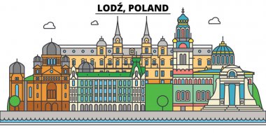 Poland, Lodz. City skyline, architecture, buildings, streets, silhouette, landscape, panorama, landmarks. Editable strokes. Flat design line vector illustration concept. Isolated icons set clipart