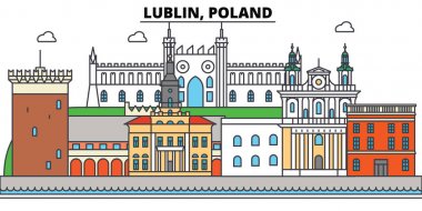 Lublin, Polonya. Şehir manzarası, mimari, binalar, caddeler, siluet, manzara, panorama, yerler. Düzenlenebilir vuruş. Düz çizgi vektör çizim tasarım. İzole Icons set
